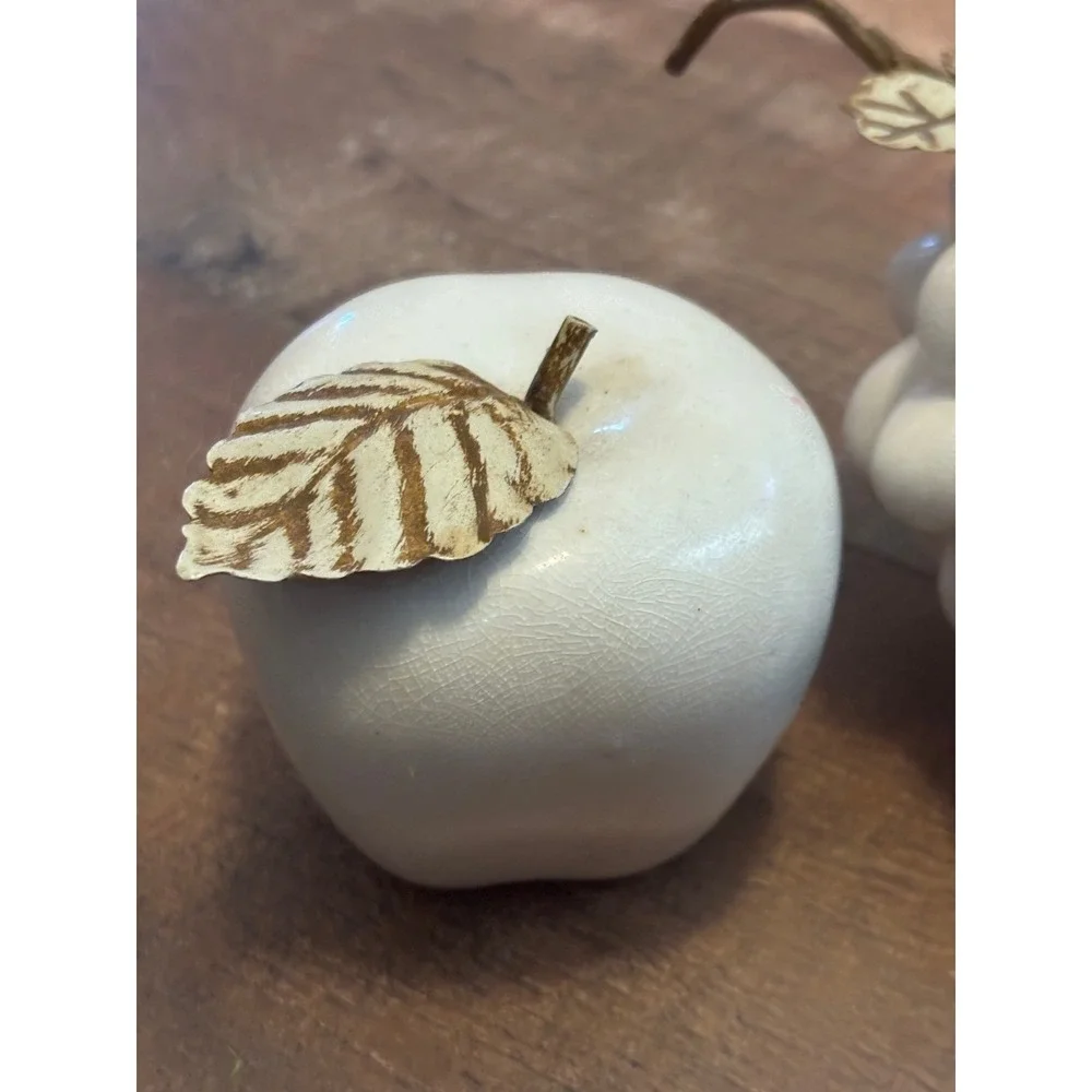 Vintage White Ceramic Crackle Glaze Fruit Set Apple and Grapes Metal Leaf Decor